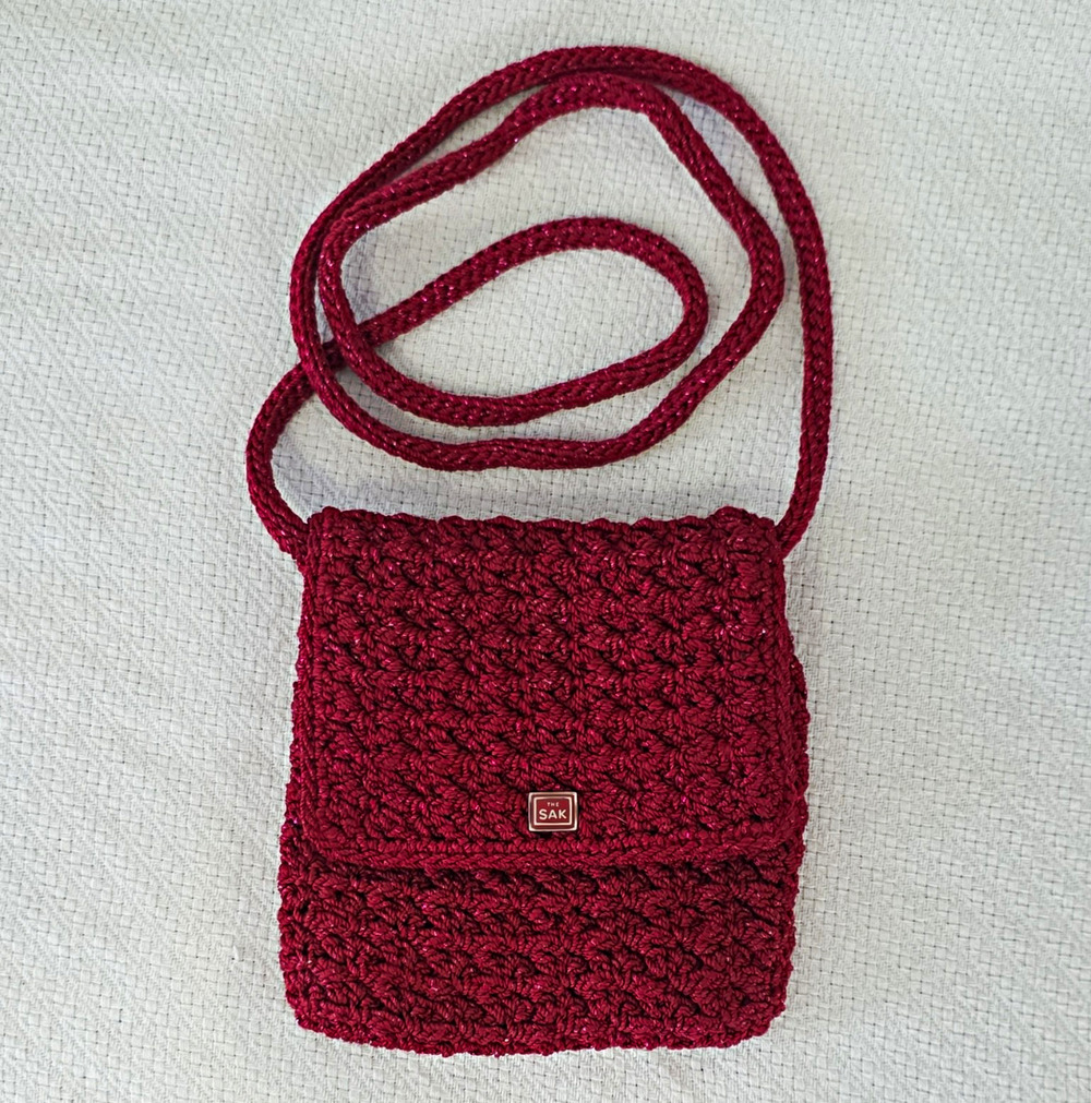 The Sak Metallic Crimson Cinnabar Red Crochet Mini Flap Crossbody Bag Purse